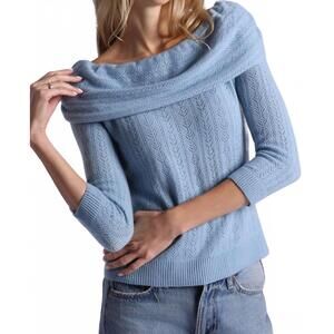 NEW MINNIE ROSE cashmere pointelle off shoulder top in fresco blue